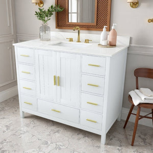 English Elm 42 Inch Bathroom Vanity with Carrara Quartz Top Nine Drawers and Gold Hardware White 3 Holes W2699S00134