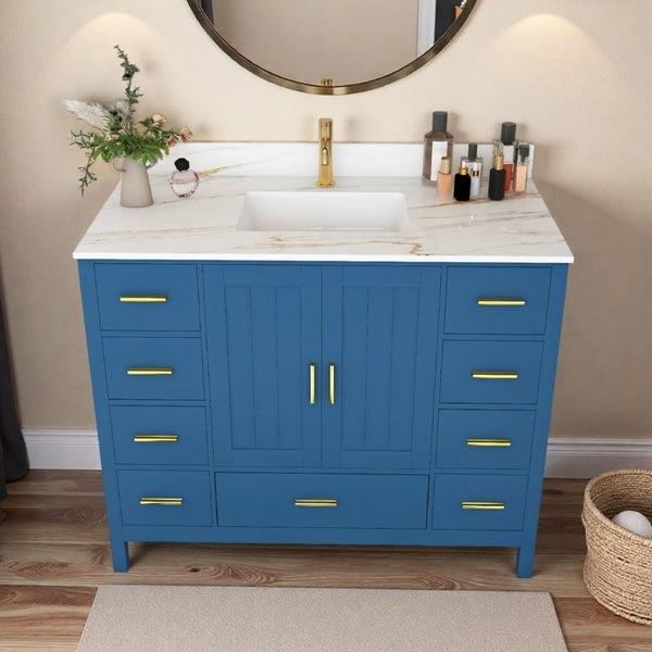 English Elm 42 Inch Navy Blue Bathroom Vanity with Sintered Stone Top Gold Hardware and 9 Drawers Blue 1 Hole W2699S00135