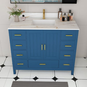 English Elm 42 Inch Navy Blue Bathroom Vanity with Sintered Stone Top Gold Hardware and 9 Drawers Blue 1 Hole W2699S00135