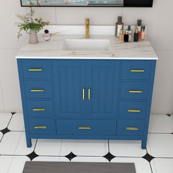 English Elm 42 Inch Navy Blue Bathroom Vanity with Sintered Stone Top Gold Hardware and 9 Drawers Blue 1 Hole W2699S00135