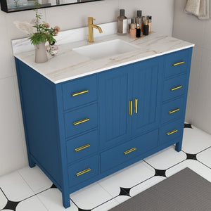 English Elm 42 Inch Navy Blue Bathroom Vanity with Sintered Stone Top Gold Hardware and 9 Drawers Blue 1 Hole W2699S00135