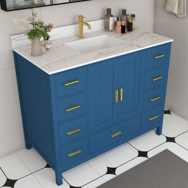 English Elm 42 Inch Navy Blue Bathroom Vanity with Sintered Stone Top Gold Hardware and 9 Drawers Blue 1 Hole W2699S00135