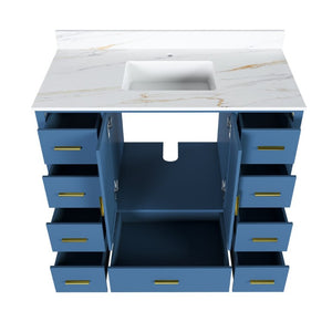 English Elm 42 Inch Navy Blue Bathroom Vanity with Sintered Stone Top Gold Hardware and 9 Drawers Blue 1 Hole W2699S00135