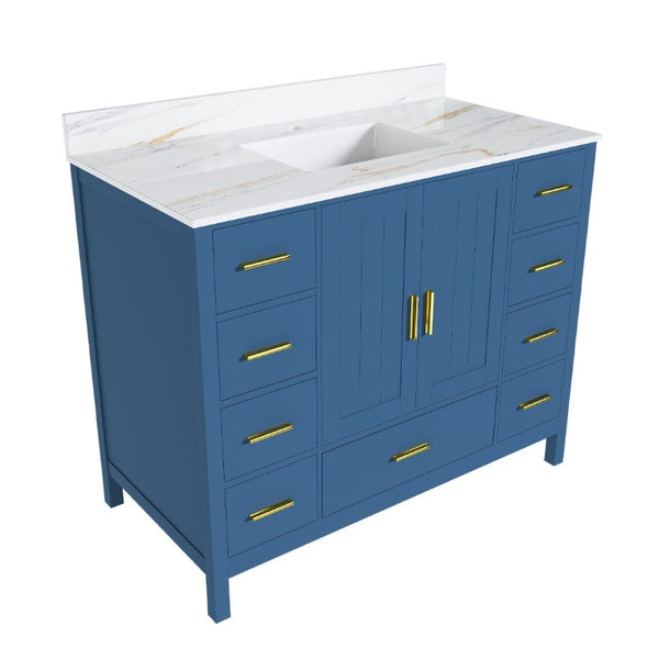 English Elm 42 Inch Navy Blue Bathroom Vanity with Sintered Stone Top Gold Hardware and 9 Drawers Blue 1 Hole W2699S00135
