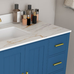 English Elm 42 Inch Navy Blue Bathroom Vanity with Sintered Stone Top Gold Hardware and 9 Drawers Blue 1 Hole W2699S00135