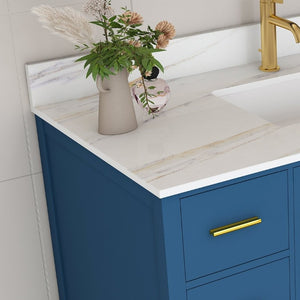 English Elm 42 Inch Navy Blue Bathroom Vanity with Sintered Stone Top Gold Hardware and 9 Drawers Blue 1 Hole W2699S00135
