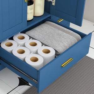 English Elm 42 Inch Navy Blue Bathroom Vanity with Sintered Stone Top Gold Hardware and 9 Drawers Blue 1 Hole W2699S00135
