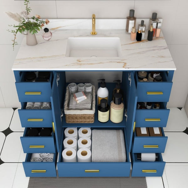 English Elm 42 Inch Navy Blue Bathroom Vanity with Sintered Stone Top Gold Hardware and 9 Drawers Blue 1 Hole W2699S00135