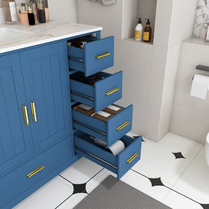 English Elm 42 Inch Navy Blue Bathroom Vanity with Sintered Stone Top Gold Hardware and 9 Drawers Blue 1 Hole W2699S00135