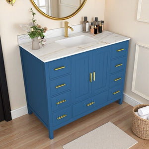 English Elm 42 Inch Navy Blue Bathroom Vanity with Sintered Stone Top Gold Hardware and 9 Drawers Blue 1 Hole W2699S00135