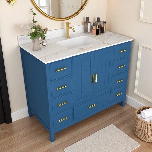 English Elm 42 Inch Navy Blue Bathroom Vanity with Sintered Stone Top Gold Hardware and 9 Drawers Blue 1 Hole W2699S00135