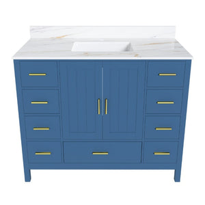 English Elm 42 Inch Navy Blue Bathroom Vanity with Sintered Stone Top Gold Hardware and 9 Drawers Blue 1 Hole W2699S00135