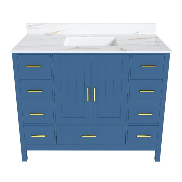 English Elm 42 Inch Navy Blue Bathroom Vanity with Sintered Stone Top Gold Hardware and 9 Drawers Blue 1 Hole W2699S00135