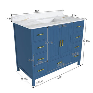 English Elm 42 Inch Navy Blue Bathroom Vanity with Sintered Stone Top Gold Hardware and 9 Drawers Blue 1 Hole W2699S00135