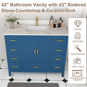 English Elm 42 Inch Navy Blue Bathroom Vanity with Sintered Stone Top Gold Hardware and 9 Drawers Blue 1 Hole W2699S00135