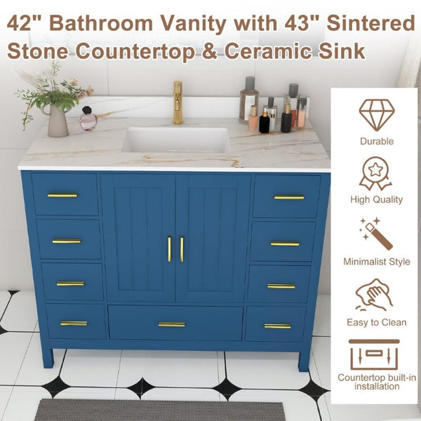 English Elm 42 Inch Navy Blue Bathroom Vanity with Sintered Stone Top Gold Hardware and 9 Drawers Blue 1 Hole W2699S00135