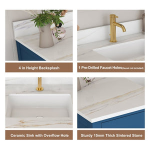 English Elm 42 Inch Navy Blue Bathroom Vanity with Sintered Stone Top Gold Hardware and 9 Drawers Blue 1 Hole W2699S00135