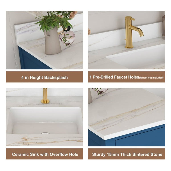 English Elm 42 Inch Navy Blue Bathroom Vanity with Sintered Stone Top Gold Hardware and 9 Drawers Blue 1 Hole W2699S00135