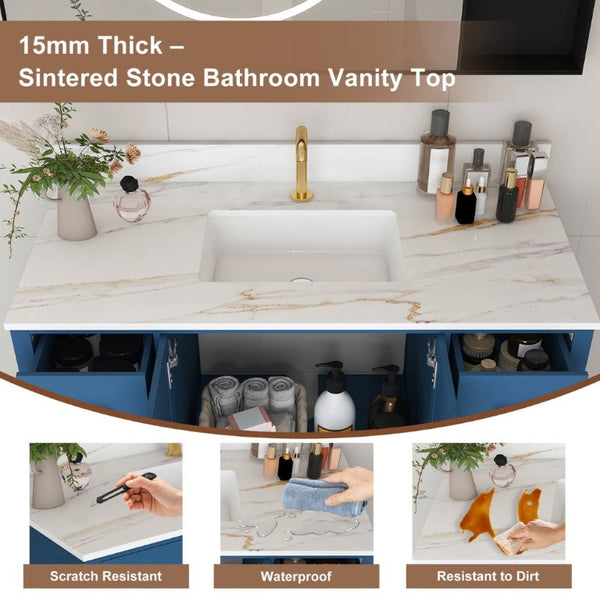 English Elm 42 Inch Navy Blue Bathroom Vanity with Sintered Stone Top Gold Hardware and 9 Drawers Blue 1 Hole W2699S00135