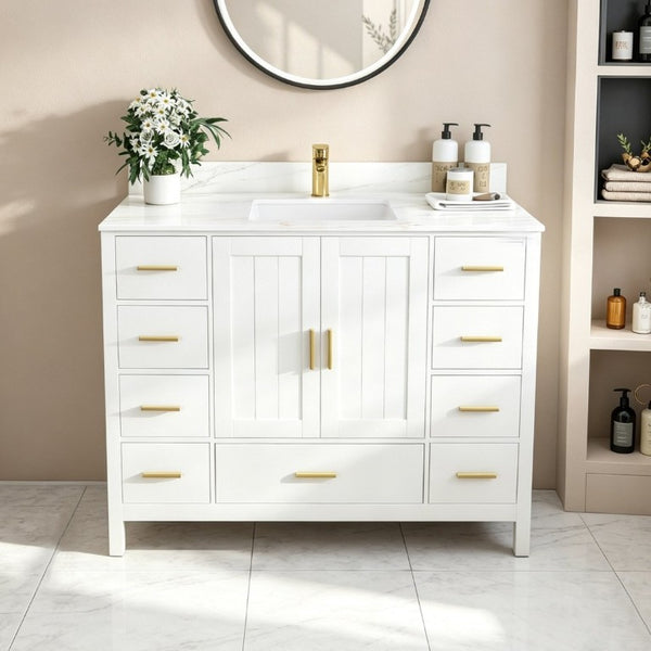 English Elm 42 Inch Navy Blue Bathroom Vanity with Sintered Stone Top Gold Hardware and 9 Drawers White 1 Hole W2699S00136