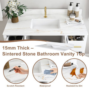 English Elm 42 Inch Navy Blue Bathroom Vanity with Sintered Stone Top Gold Hardware and 9 Drawers White 1 Hole W2699S00136
