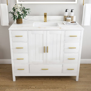 English Elm 42 Inch Navy Blue Bathroom Vanity with Sintered Stone Top Gold Hardware and 9 Drawers White 1 Hole W2699S00136