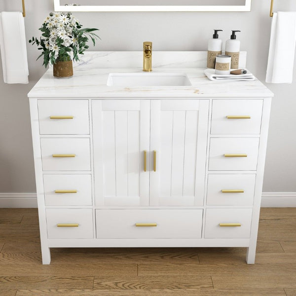 English Elm 42 Inch Navy Blue Bathroom Vanity with Sintered Stone Top Gold Hardware and 9 Drawers White 1 Hole W2699S00136