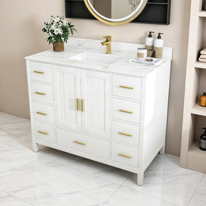 English Elm 42 Inch Navy Blue Bathroom Vanity with Sintered Stone Top Gold Hardware and 9 Drawers White 1 Hole W2699S00136
