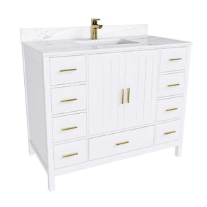 English Elm 42 Inch Navy Blue Bathroom Vanity with Sintered Stone Top Gold Hardware and 9 Drawers White 1 Hole W2699S00136