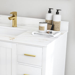 English Elm 42 Inch Navy Blue Bathroom Vanity with Sintered Stone Top Gold Hardware and 9 Drawers White 1 Hole W2699S00136