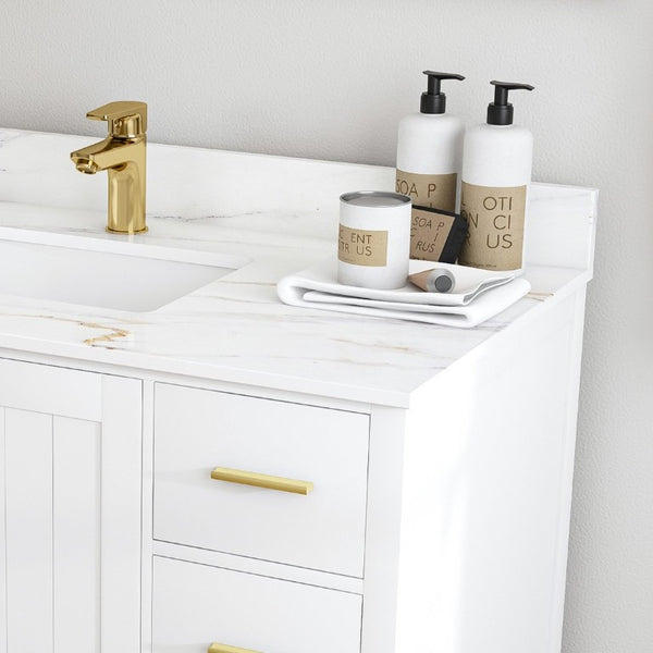 English Elm 42 Inch Navy Blue Bathroom Vanity with Sintered Stone Top Gold Hardware and 9 Drawers White 1 Hole W2699S00136
