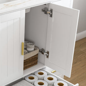 English Elm 42 Inch Navy Blue Bathroom Vanity with Sintered Stone Top Gold Hardware and 9 Drawers White 1 Hole W2699S00136