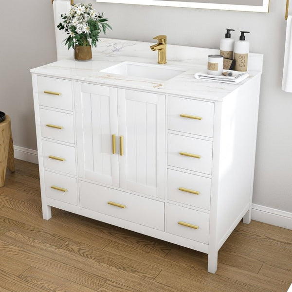 English Elm 42 Inch Navy Blue Bathroom Vanity with Sintered Stone Top Gold Hardware and 9 Drawers White 1 Hole W2699S00136