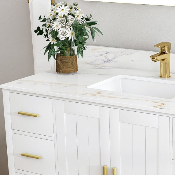 English Elm 42 Inch Navy Blue Bathroom Vanity with Sintered Stone Top Gold Hardware and 9 Drawers White 1 Hole W2699S00136