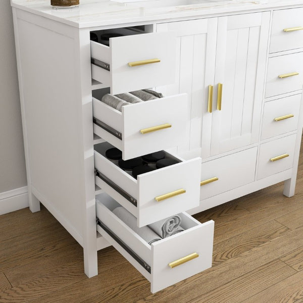 English Elm 42 Inch Navy Blue Bathroom Vanity with Sintered Stone Top Gold Hardware and 9 Drawers White 1 Hole W2699S00136