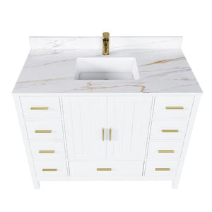English Elm 42 Inch Navy Blue Bathroom Vanity with Sintered Stone Top Gold Hardware and 9 Drawers White 1 Hole W2699S00136