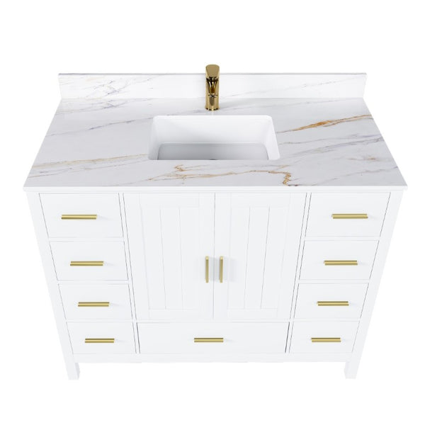 English Elm 42 Inch Navy Blue Bathroom Vanity with Sintered Stone Top Gold Hardware and 9 Drawers White 1 Hole W2699S00136