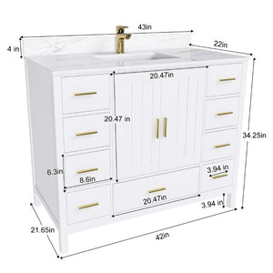 English Elm 42 Inch Navy Blue Bathroom Vanity with Sintered Stone Top Gold Hardware and 9 Drawers White 1 Hole W2699S00136
