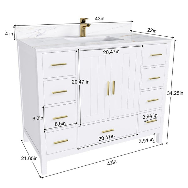 English Elm 42 Inch Navy Blue Bathroom Vanity with Sintered Stone Top Gold Hardware and 9 Drawers White 1 Hole W2699S00136