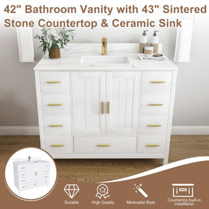 English Elm 42 Inch Navy Blue Bathroom Vanity with Sintered Stone Top Gold Hardware and 9 Drawers White 1 Hole W2699S00136