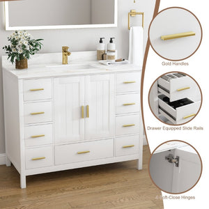 English Elm 42 Inch Navy Blue Bathroom Vanity with Sintered Stone Top Gold Hardware and 9 Drawers White 1 Hole W2699S00136