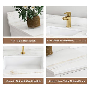 English Elm 42 Inch Navy Blue Bathroom Vanity with Sintered Stone Top Gold Hardware and 9 Drawers White 1 Hole W2699S00136
