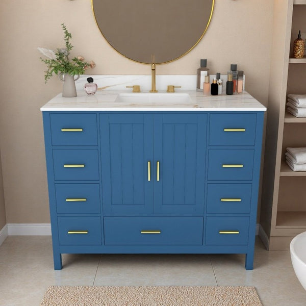 English Elm 42 Inch Navy Blue Bathroom Vanity with Sintered Stone Top Gold Hardware and 9 Drawers Blue 3 Holes W2699S00137