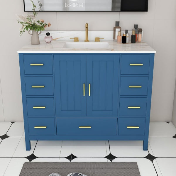 English Elm 42 Inch Navy Blue Bathroom Vanity with Sintered Stone Top Gold Hardware and 9 Drawers Blue 3 Holes W2699S00137