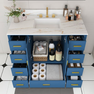 English Elm 42 Inch Navy Blue Bathroom Vanity with Sintered Stone Top Gold Hardware and 9 Drawers Blue 3 Holes W2699S00137