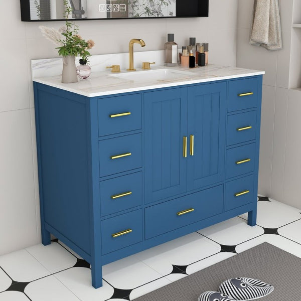 English Elm 42 Inch Navy Blue Bathroom Vanity with Sintered Stone Top Gold Hardware and 9 Drawers Blue 3 Holes W2699S00137