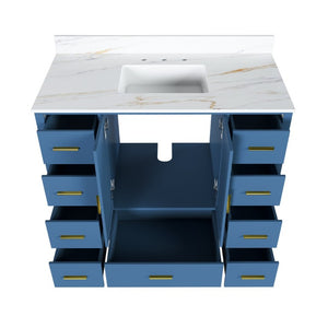 English Elm 42 Inch Navy Blue Bathroom Vanity with Sintered Stone Top Gold Hardware and 9 Drawers Blue 3 Holes W2699S00137