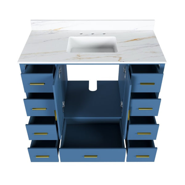 English Elm 42 Inch Navy Blue Bathroom Vanity with Sintered Stone Top Gold Hardware and 9 Drawers Blue 3 Holes W2699S00137
