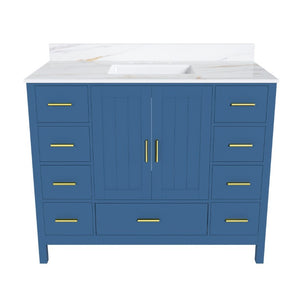 English Elm 42 Inch Navy Blue Bathroom Vanity with Sintered Stone Top Gold Hardware and 9 Drawers Blue 3 Holes W2699S00137