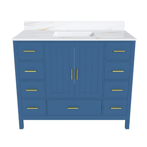 English Elm 42 Inch Navy Blue Bathroom Vanity with Sintered Stone Top Gold Hardware and 9 Drawers Blue 3 Holes W2699S00137